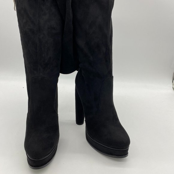 black round toe suede platform over the knee boots chunky heels - Picture 2 of 10